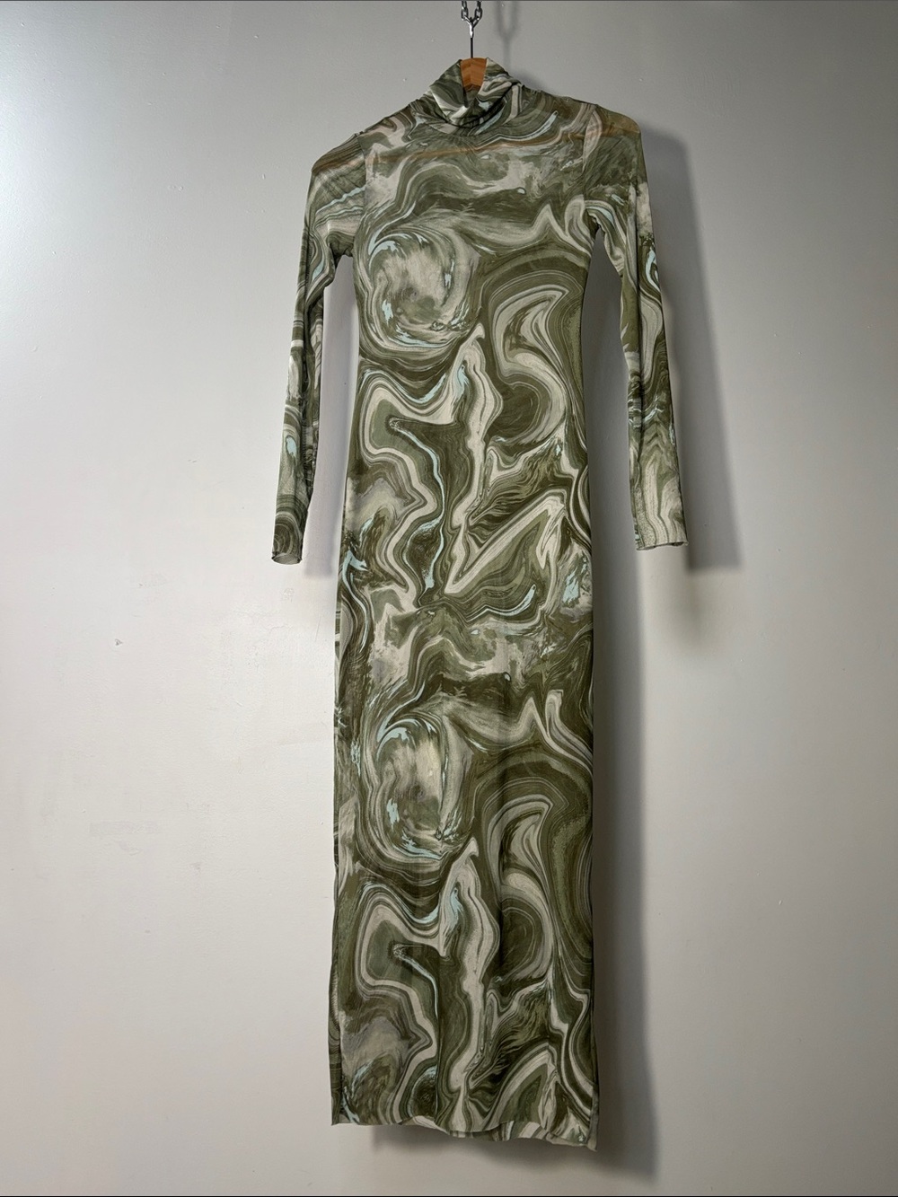 AFRM Marni Turtleneck Long Sleeve Mesh Dress in Sage Swirl Size Small